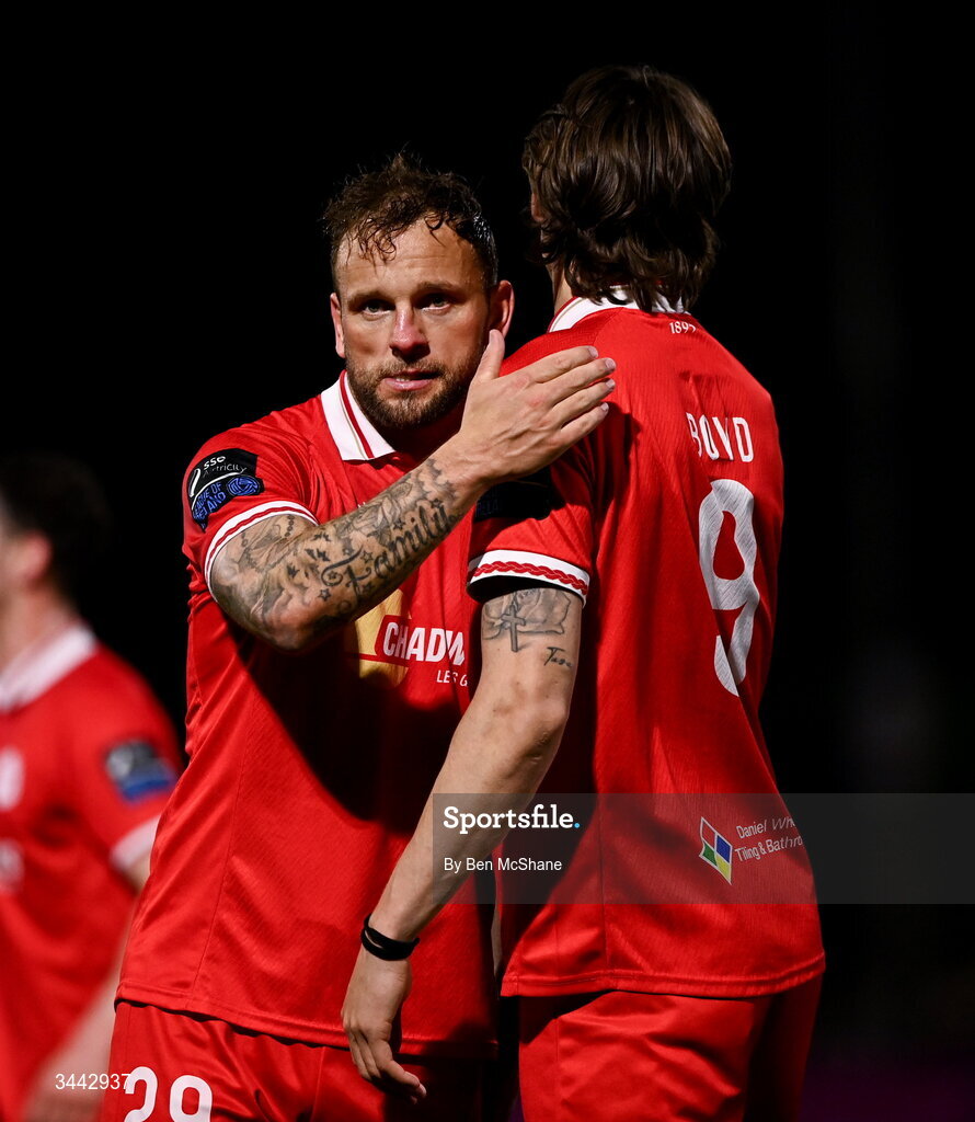 1 May 2026; Paddy Barrett, left, and Sean Boyd of Shelbourne celebrate after the SSE Airtricity Men's Premier Division match between Dundalk and Shelbourne at Oriel Park in Dundalk, Louth. Photo by Ben McShane/Sportsfile
