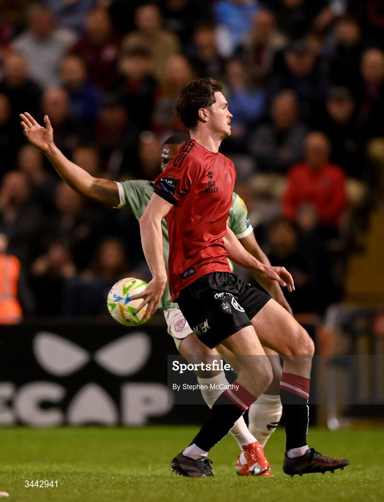 1 May 2026; Patrick Hickey of Bohemians drops the ball after picking it up during the SSE Airtricity Men's Premier Division match between Bohemians and Derry City at Dalymount Park in Dublin. Photo by Stephen McCarthy/Sportsfile