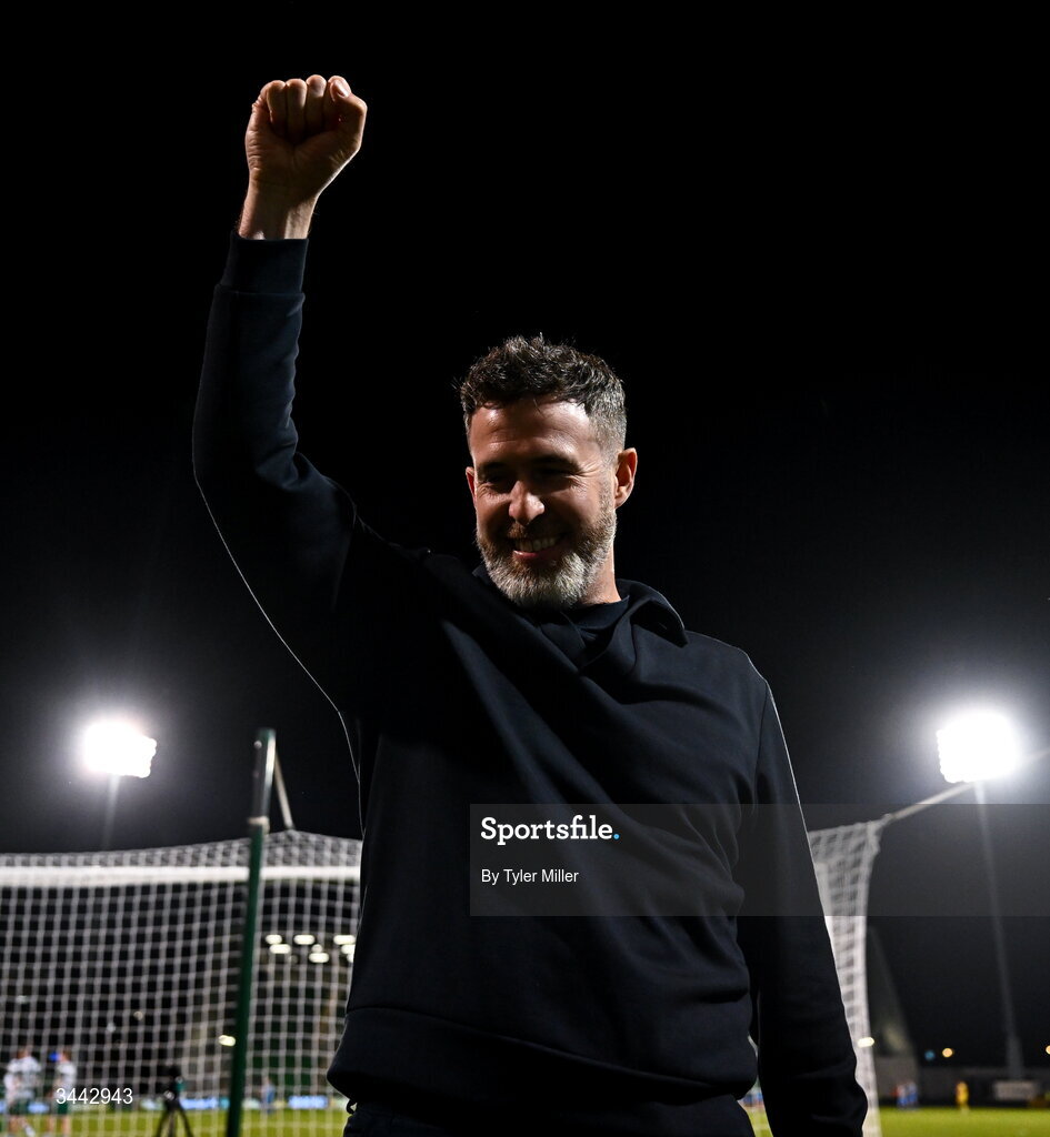 1 May 2026; Shamrock Rovers manager Stephen Bradley celebrates after the SSE Airtricity Men's Premier Division match between Shamrock Rovers and Waterford at Tallaght Stadium in Dublin. Photo by Tyler Miller/Sportsfile