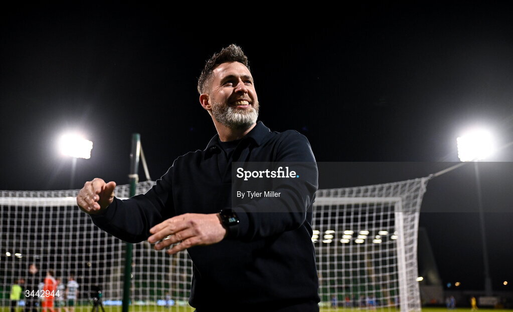 1 May 2026; Shamrock Rovers manager Stephen Bradley celebrates after the SSE Airtricity Men's Premier Division match between Shamrock Rovers and Waterford at Tallaght Stadium in Dublin. Photo by Tyler Miller/Sportsfile