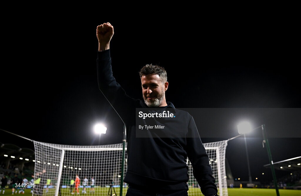 1 May 2026; Shamrock Rovers manager Stephen Bradley celebrates after the SSE Airtricity Men's Premier Division match between Shamrock Rovers and Waterford at Tallaght Stadium in Dublin. Photo by Tyler Miller/Sportsfile