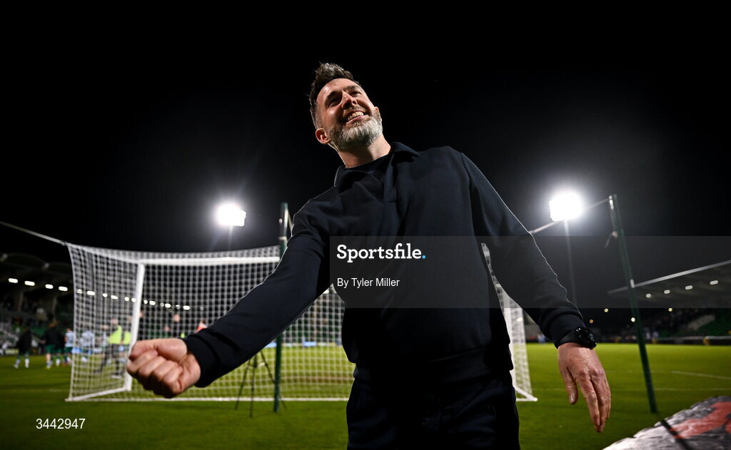 1 May 2026; Shamrock Rovers manager Stephen Bradley celebrates after the SSE Airtricity Men's Premier Division match between Shamrock Rovers and Waterford at Tallaght Stadium in Dublin. Photo by Tyler Miller/Sportsfile