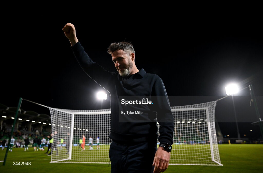 1 May 2026; Shamrock Rovers manager Stephen Bradley celebrates after the SSE Airtricity Men's Premier Division match between Shamrock Rovers and Waterford at Tallaght Stadium in Dublin. Photo by Tyler Miller/Sportsfile