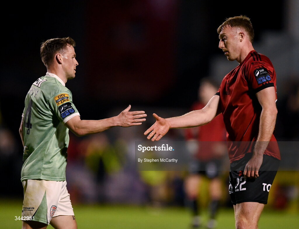 1 May 2026; Ben Doherty of Derry City and Sam Todd of Bohemians shake hands after the SSE Airtricity Men's Premier Division match between Bohemians and Derry City at Dalymount Park in Dublin. Photo by Stephen McCarthy/Sportsfile