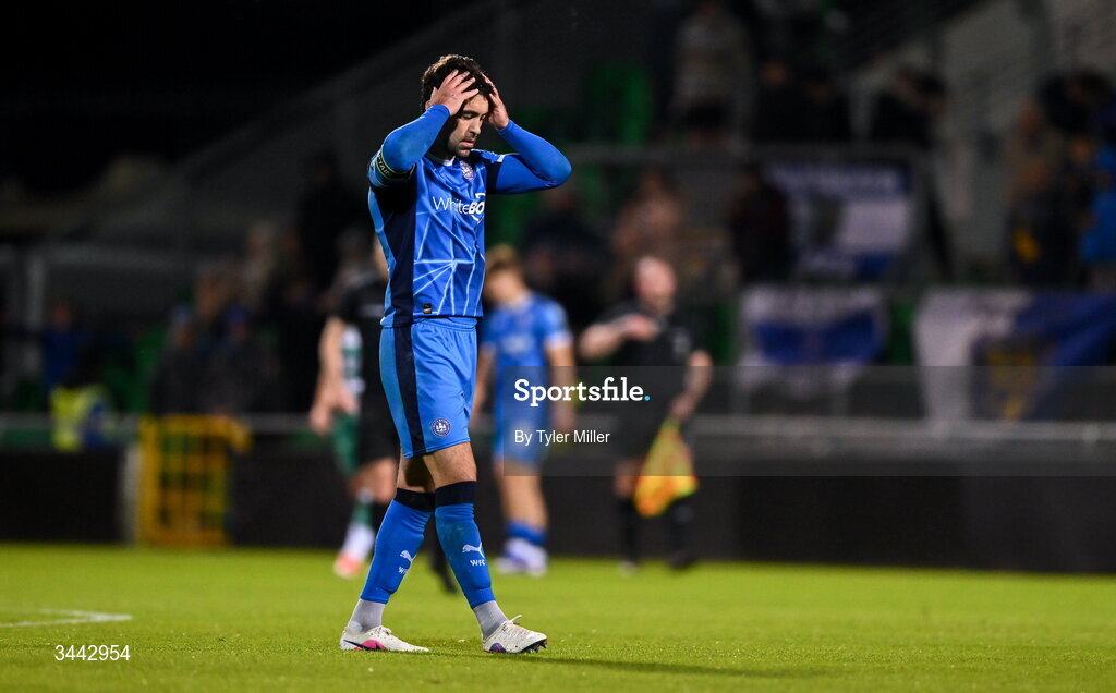 1 May 2026; John Mahon of Waterford reacts at the final-whistle during the SSE Airtricity Men's Premier Division match between Shamrock Rovers and Waterford at Tallaght Stadium in Dublin. Photo by Tyler Miller/Sportsfile