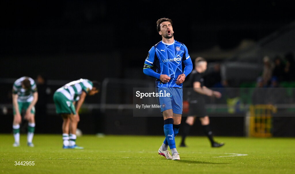 1 May 2026; John Mahon of Waterford reacts at the final-whistle during the SSE Airtricity Men's Premier Division match between Shamrock Rovers and Waterford at Tallaght Stadium in Dublin. Photo by Tyler Miller/Sportsfile