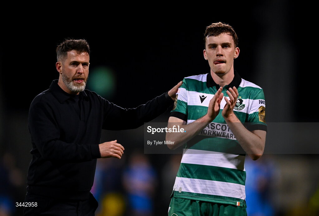 1 May 2026; Shamrock Rovers manager Stephen Bradley with Matt Healy after the SSE Airtricity Men's Premier Division match between Shamrock Rovers and Waterford at Tallaght Stadium in Dublin. Photo by Tyler Miller/Sportsfile
