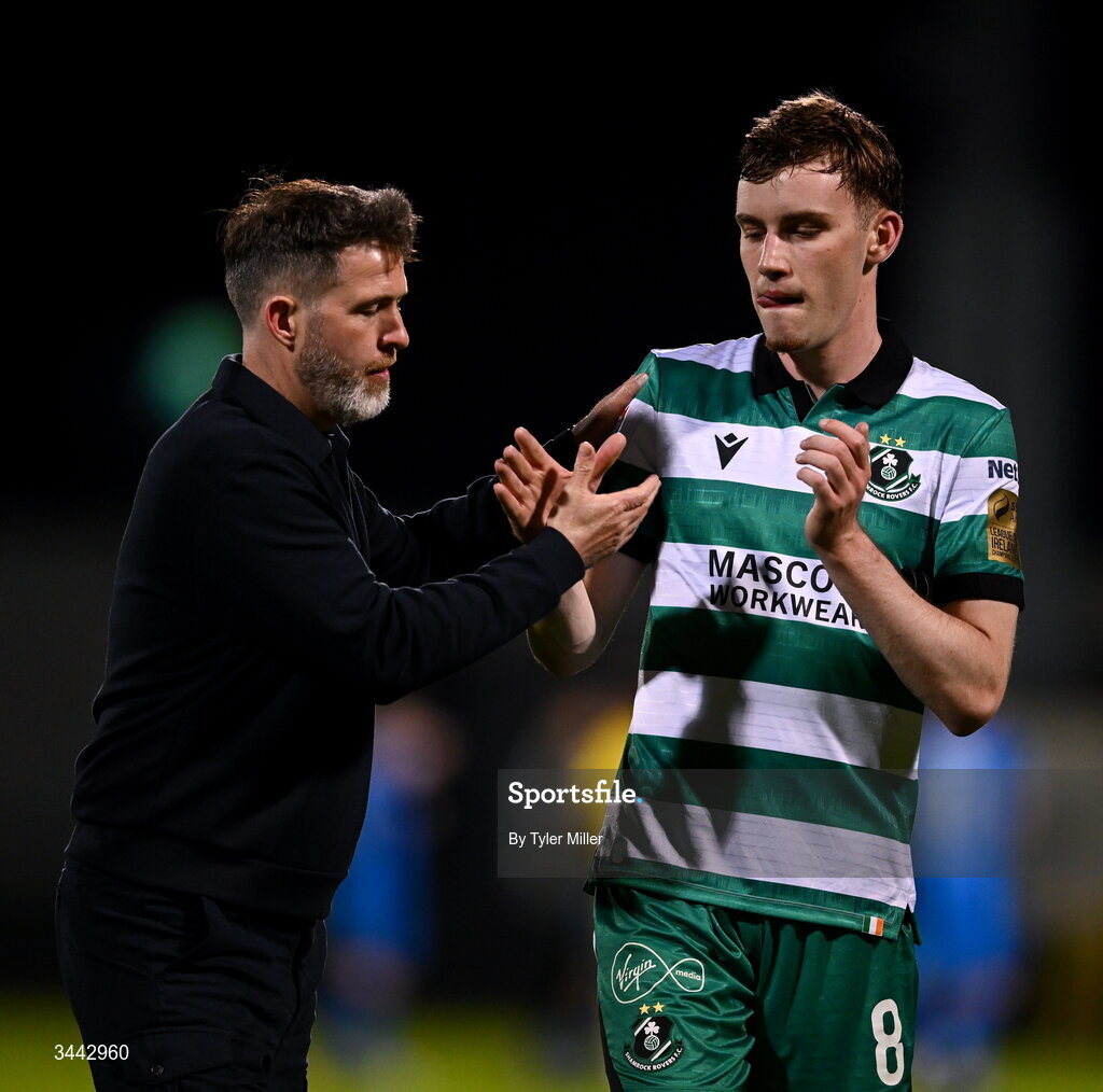 1 May 2026; Shamrock Rovers manager Stephen Bradley with Matt Healy after the SSE Airtricity Men's Premier Division match between Shamrock Rovers and Waterford at Tallaght Stadium in Dublin. Photo by Tyler Miller/Sportsfile