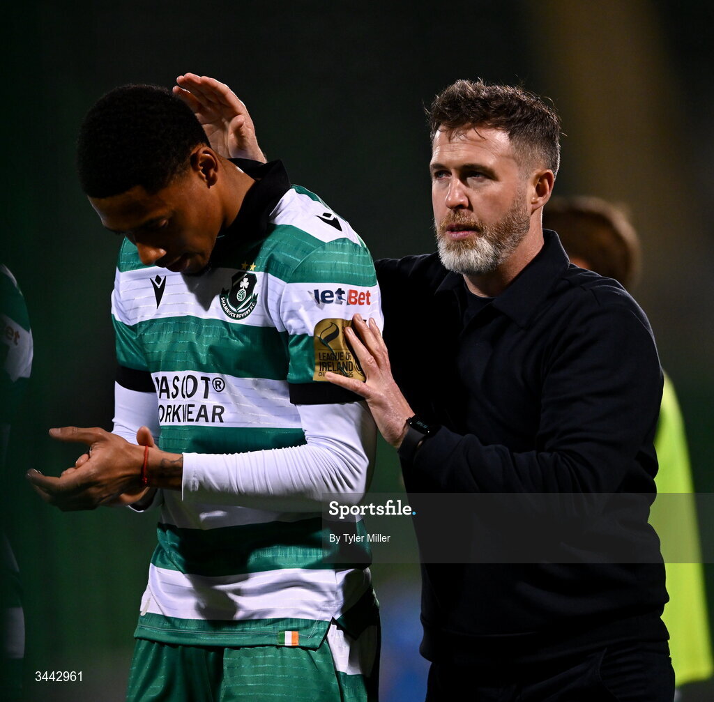 1 May 2026; Shamrock Rovers manager Stephen Bradley with Maleace Asamoah after the SSE Airtricity Men's Premier Division match between Shamrock Rovers and Waterford at Tallaght Stadium in Dublin. Photo by Tyler Miller/Sportsfile