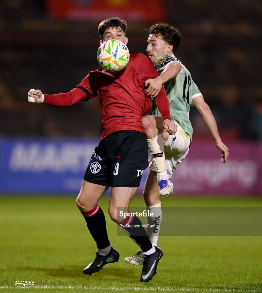 1 May 2026; Colm Whelan of Bohemians in action against Darragh Markey of Derry City during the SSE Airtricity Men's Premier Division match between Bohemians and Derry City at Dalymount Park in Dublin. Photo by Stephen McCarthy/Sportsfile