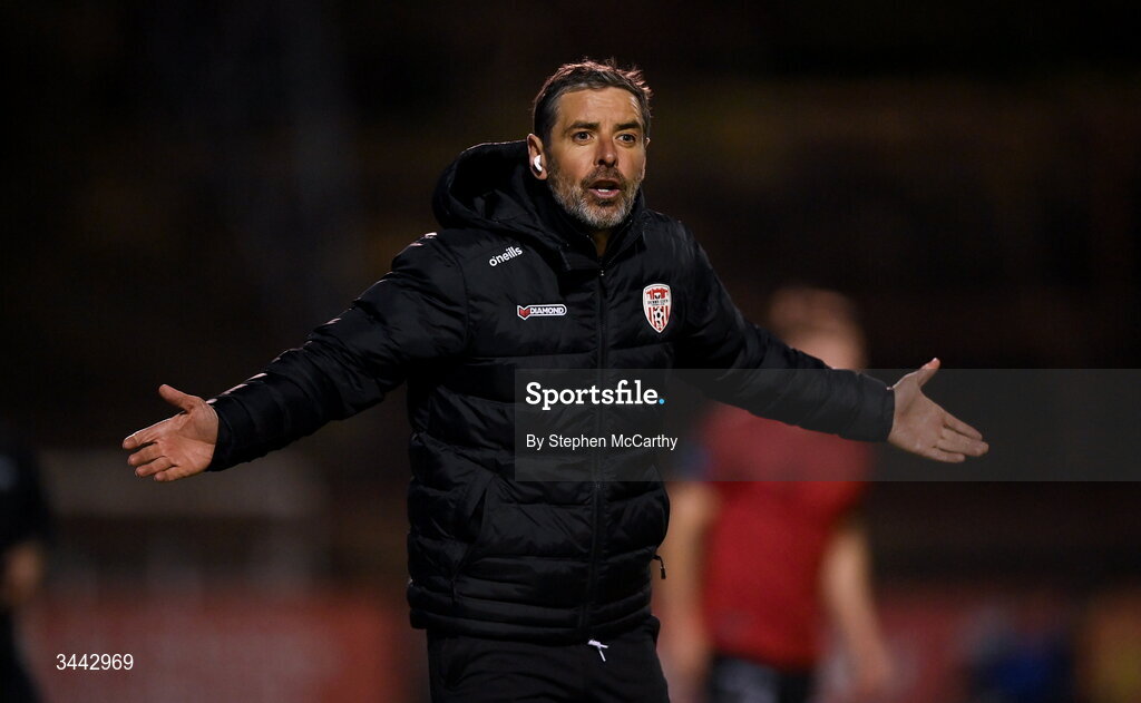 1 May 2026; Derry City manager Tiernan Lynch during the SSE Airtricity Men's Premier Division match between Bohemians and Derry City at Dalymount Park in Dublin. Photo by Stephen McCarthy/Sportsfile