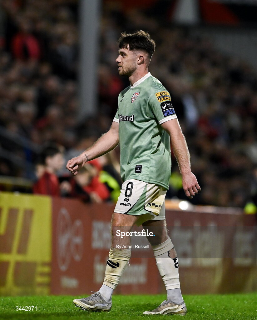 1 May 2026; Adam O'Reilly of Derry City leaves the pitch after being shown a red card during the SSE Airtricity Men's Premier Division match between Bohemians and Derry City at Dalymount Park in Dublin. Photo by Adam Russell/Sportsfile