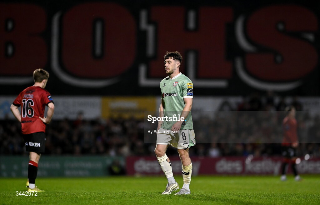 1 May 2026; Adam O'Reilly of Derry City leaves the pitch after being shown a red card during the SSE Airtricity Men's Premier Division match between Bohemians and Derry City at Dalymount Park in Dublin. Photo by Adam Russell/Sportsfile