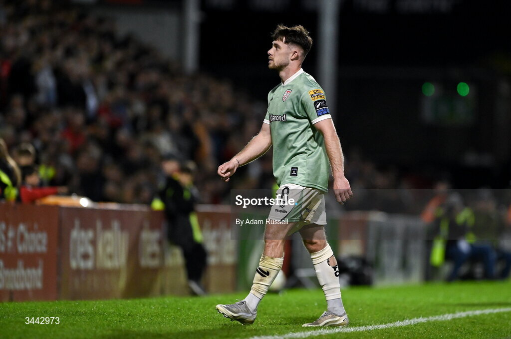 1 May 2026; Adam O'Reilly of Derry City leaves the pitch after being shown a red card during the SSE Airtricity Men's Premier Division match between Bohemians and Derry City at Dalymount Park in Dublin. Photo by Adam Russell/Sportsfile