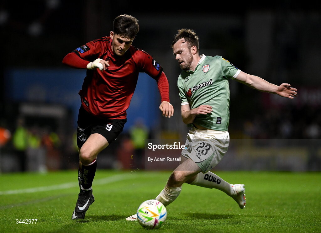 1 May 2026; Colm Whelan of Bohemians in action against Cameron Dummigan of Derry City during the SSE Airtricity Men's Premier Division match between Bohemians and Derry City at Dalymount Park in Dublin. Photo by Adam Russell/Sportsfile