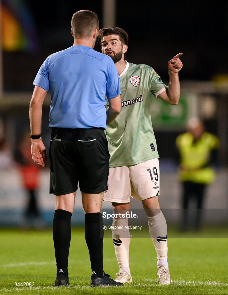 1 May 2026; Brandon Fleming of Derry City speaks to referee Rob Harvey after the SSE Airtricity Men's Premier Division match between Bohemians and Derry City at Dalymount Park in Dublin. Photo by Stephen McCarthy/Sportsfile