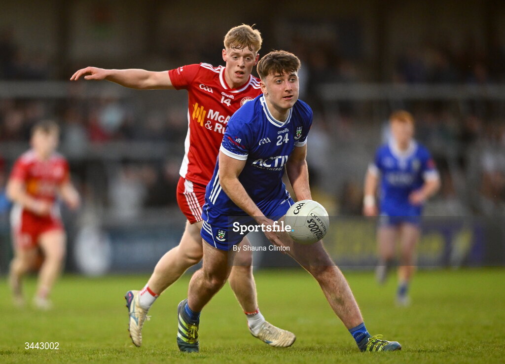 29 April 2026; Johnny Wright of Monaghan is tackled by Peter Colton of Tyrone during the Dalata Hotel Group Ulster U20 Football Championship final match between Monaghan and Tyrone at BOX-IT Athletic Grounds in Armagh. Photo by Shauna Clinton/Sportsfile