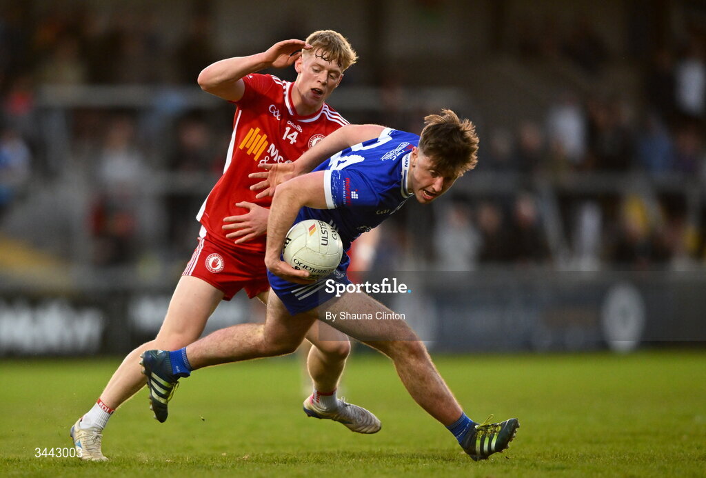 29 April 2026; Johnny Wright of Monaghan is tackled by Peter Colton of Tyrone during the Dalata Hotel Group Ulster U20 Football Championship final match between Monaghan and Tyrone at BOX-IT Athletic Grounds in Armagh. Photo by Shauna Clinton/Sportsfile