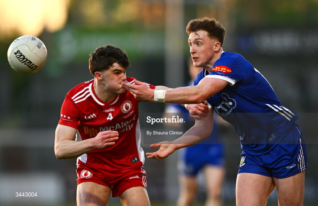 29 April 2026; Matthew Finn of Monaghan is tackled by Michael McNamee of Tyrone during the Dalata Hotel Group Ulster U20 Football Championship final match between Monaghan and Tyrone at BOX-IT Athletic Grounds in Armagh. Photo by Shauna Clinton/Sportsfile