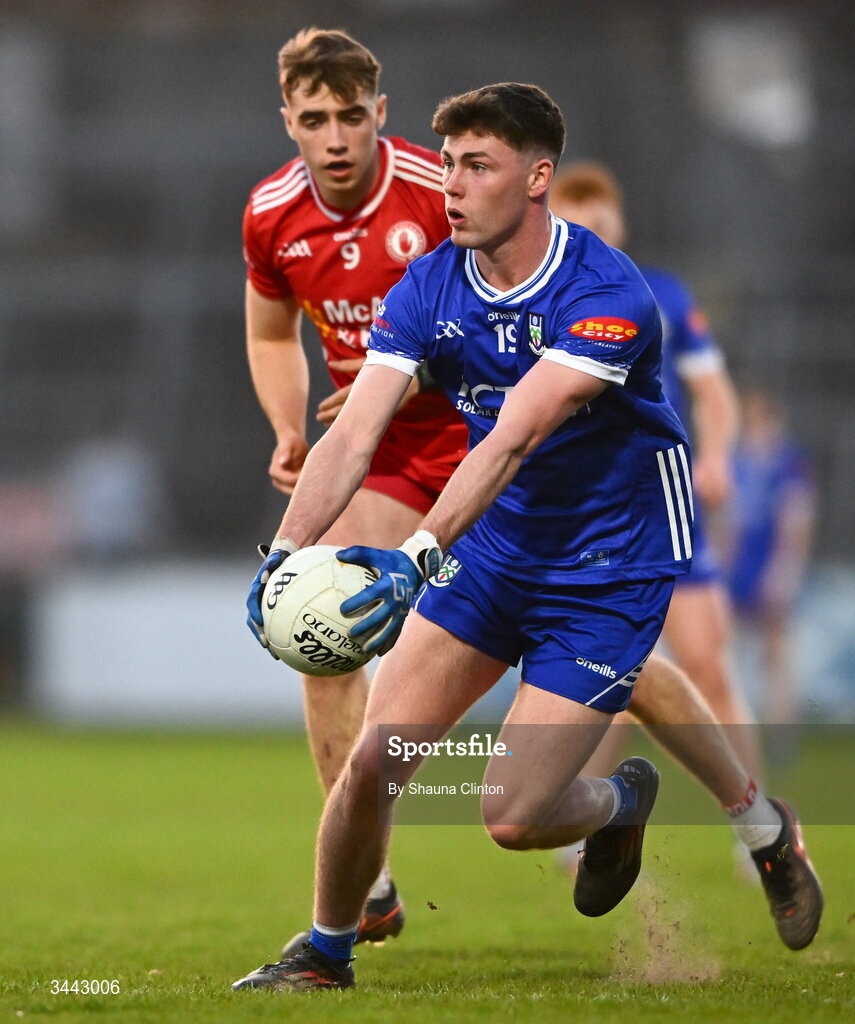 29 April 2026; Killian Kierans of Monaghan in action against Conor O’Neill of Tyrone during the Dalata Hotel Group Ulster U20 Football Championship final match between Monaghan and Tyrone at BOX-IT Athletic Grounds in Armagh. Photo by Shauna Clinton/Sportsfile
