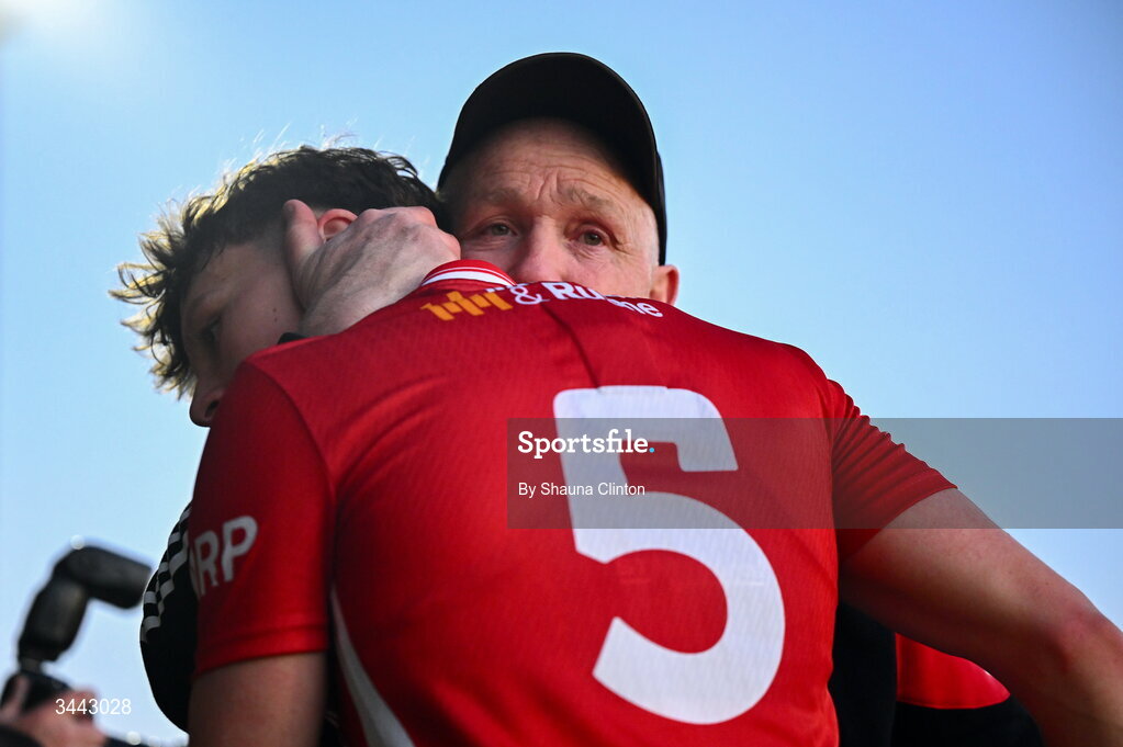 29 April 2026; Tyrone manager Paul Devlin, right, with Aodhán Quinn of Tyrone during the Dalata Hotel Group Ulster U20 Football Championship final match between Monaghan and Tyrone at BOX-IT Athletic Grounds in Armagh. Photo by Shauna Clinton/Sportsfile