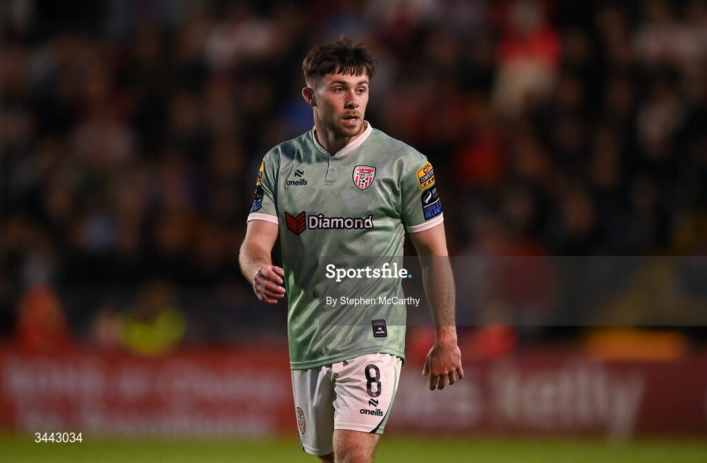 1 May 2026; Adam O'Reilly of Derry City during the SSE Airtricity Men's Premier Division match between Bohemians and Derry City at Dalymount Park in Dublin. Photo by Stephen McCarthy/Sportsfile