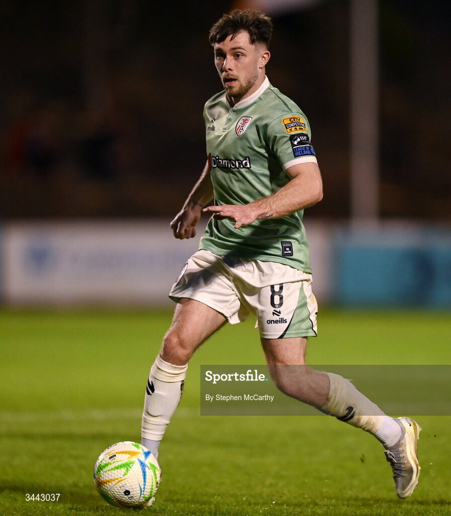 1 May 2026; Adam O'Reilly of Derry City during the SSE Airtricity Men's Premier Division match between Bohemians and Derry City at Dalymount Park in Dublin. Photo by Stephen McCarthy/Sportsfile