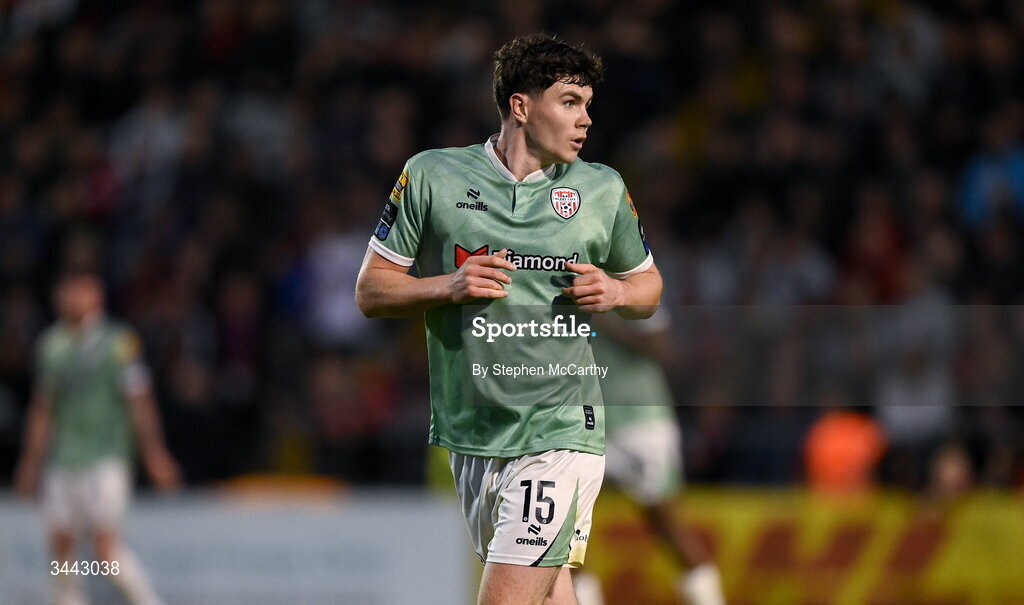 1 May 2026; James Clarke of Derry City during the SSE Airtricity Men's Premier Division match between Bohemians and Derry City at Dalymount Park in Dublin. Photo by Stephen McCarthy/Sportsfile