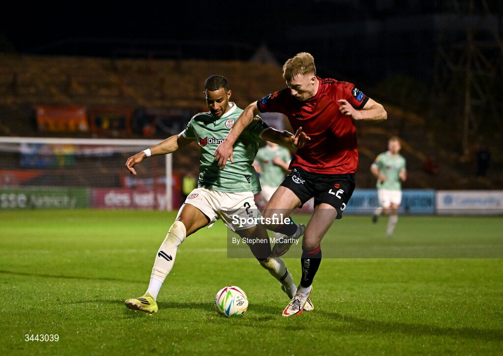 1 May 2026; Barry Cotter of Derry City in action against Sam Todd of Bohemians during the SSE Airtricity Men's Premier Division match between Bohemians and Derry City at Dalymount Park in Dublin. Photo by Stephen McCarthy/Sportsfile