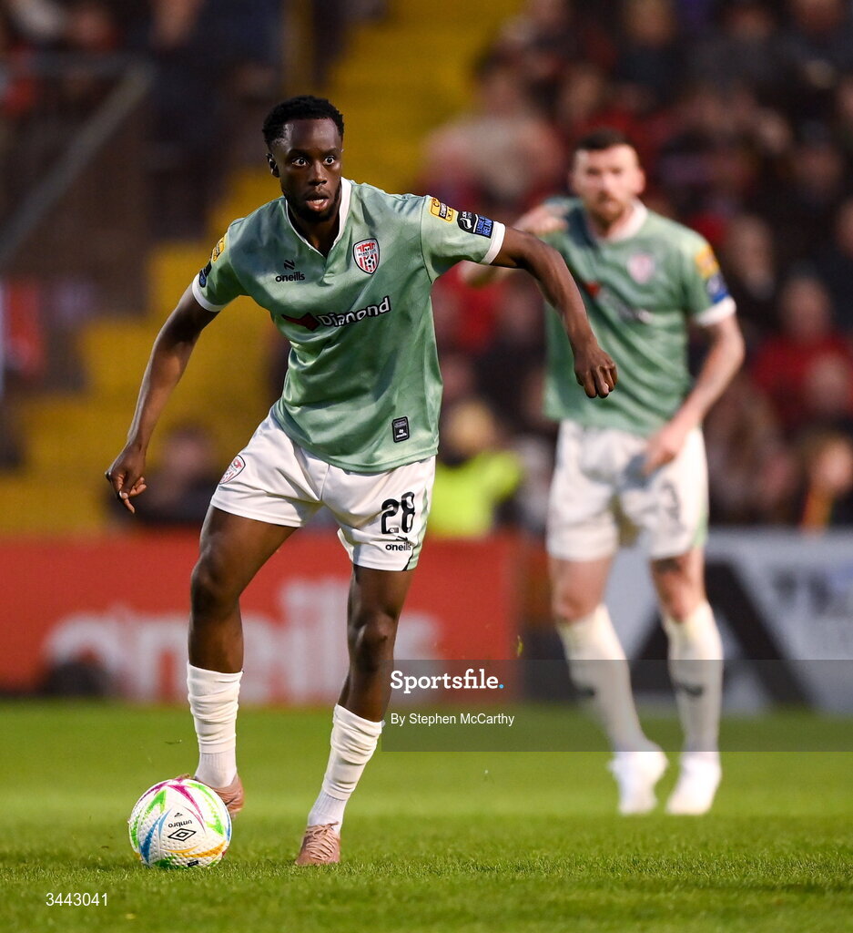1 May 2026; James Olayinka of Derry City during the SSE Airtricity Men's Premier Division match between Bohemians and Derry City at Dalymount Park in Dublin. Photo by Stephen McCarthy/Sportsfile