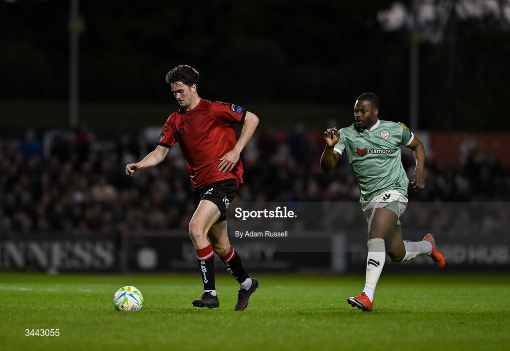 1 May 2026; Patrick Hickey of Bohemians in action against Dipo Akinyemi of Derry City during the SSE Airtricity Men's Premier Division match between Bohemians and Derry City at Dalymount Park in Dublin. Photo by Adam Russell/Sportsfile