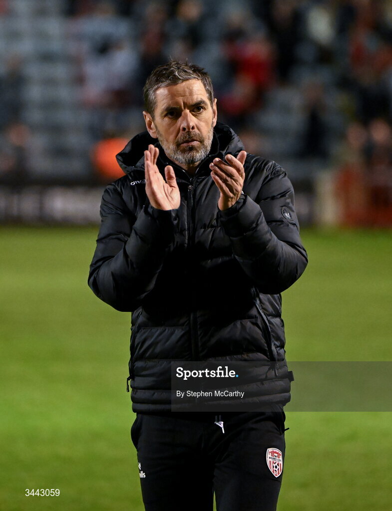 1 May 2026; Derry City manager Tiernan Lynch acknowledges his side's supporters after the SSE Airtricity Men's Premier Division match between Bohemians and Derry City at Dalymount Park in Dublin. Photo by Stephen McCarthy/Sportsfile