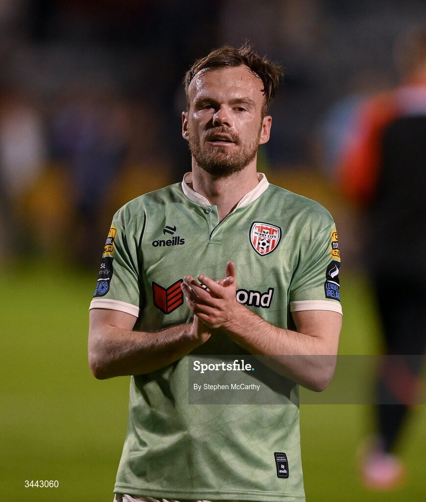 1 May 2026; Cameron Dummigan of Derry City acknowledges his side's supporters after the SSE Airtricity Men's Premier Division match between Bohemians and Derry City at Dalymount Park in Dublin. Photo by Stephen McCarthy/Sportsfile