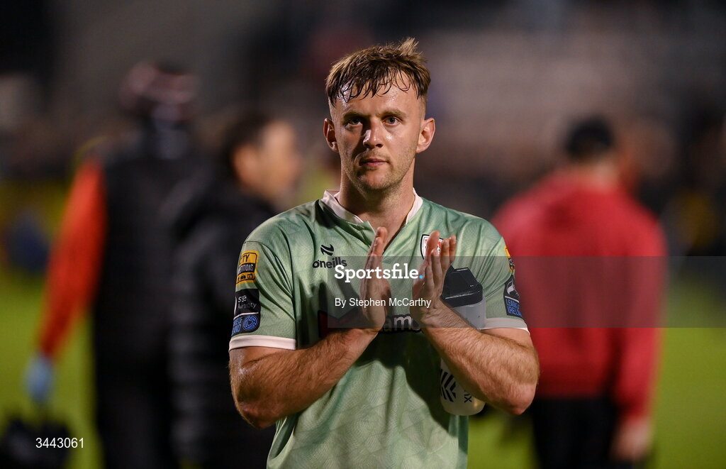 1 May 2026; Jamie Stott of Derry City acknowledges his side's supporters after the SSE Airtricity Men's Premier Division match between Bohemians and Derry City at Dalymount Park in Dublin. Photo by Stephen McCarthy/Sportsfile