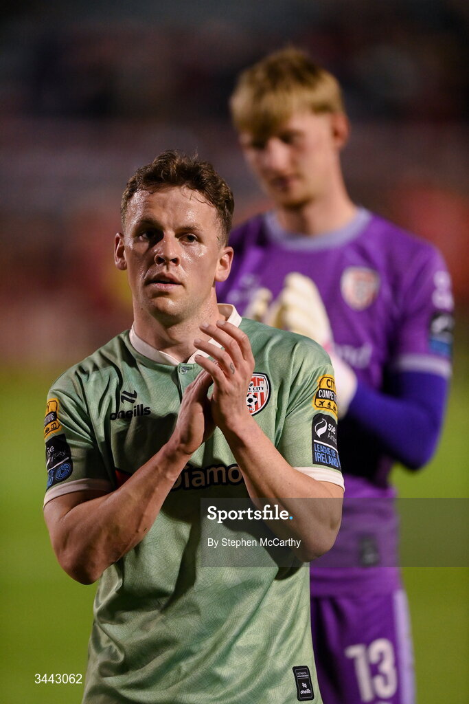 1 May 2026; Ben Doherty of Derry City acknowledges his side's supporters after the SSE Airtricity Men's Premier Division match between Bohemians and Derry City at Dalymount Park in Dublin. Photo by Stephen McCarthy/Sportsfile