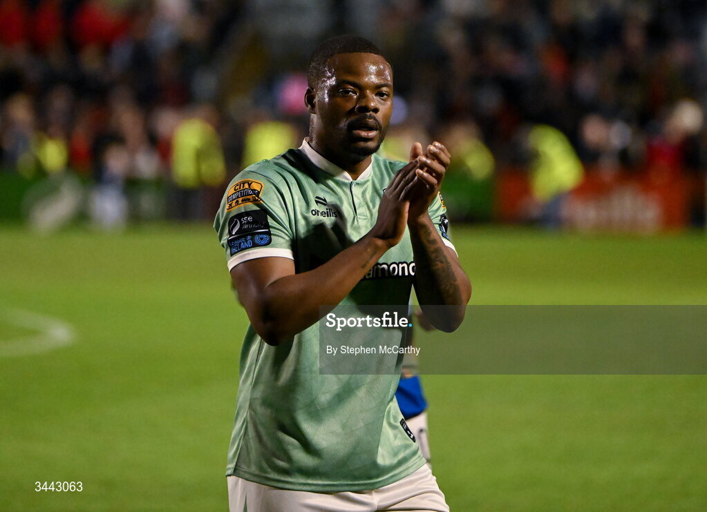 1 May 2026; Dipo Akinyemi of Derry City acknowledges his side's supporters after the SSE Airtricity Men's Premier Division match between Bohemians and Derry City at Dalymount Park in Dublin. Photo by Stephen McCarthy/Sportsfile