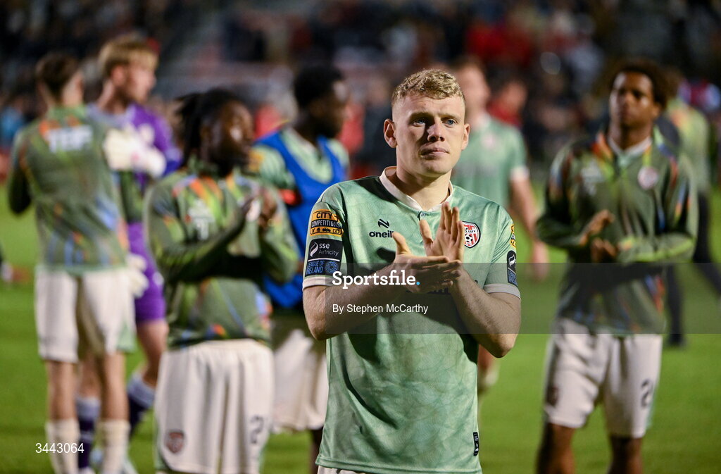 1 May 2026; Josh Thomas of Derry City acknowledges his side's supporters after the SSE Airtricity Men's Premier Division match between Bohemians and Derry City at Dalymount Park in Dublin. Photo by Stephen McCarthy/Sportsfile