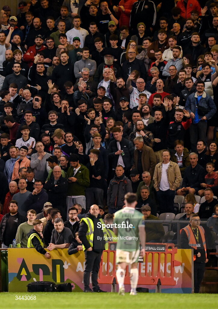 1 May 2026; Bohemians supporters tuant Derry City's Adam O'Reilly as he leaves the pitch after picking up a red card during the SSE Airtricity Men's Premier Division match between Bohemians and Derry City at Dalymount Park in Dublin. Photo by Stephen McCarthy/Sportsfile