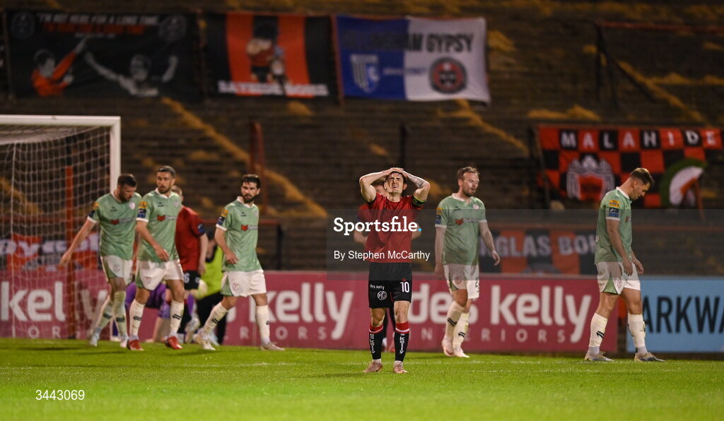 1 May 2026; Dawson Devoy of Bohemians reacts to a missed opportunity on goal, late in the game, during the SSE Airtricity Men's Premier Division match between Bohemians and Derry City at Dalymount Park in Dublin. Photo by Stephen McCarthy/Sportsfile