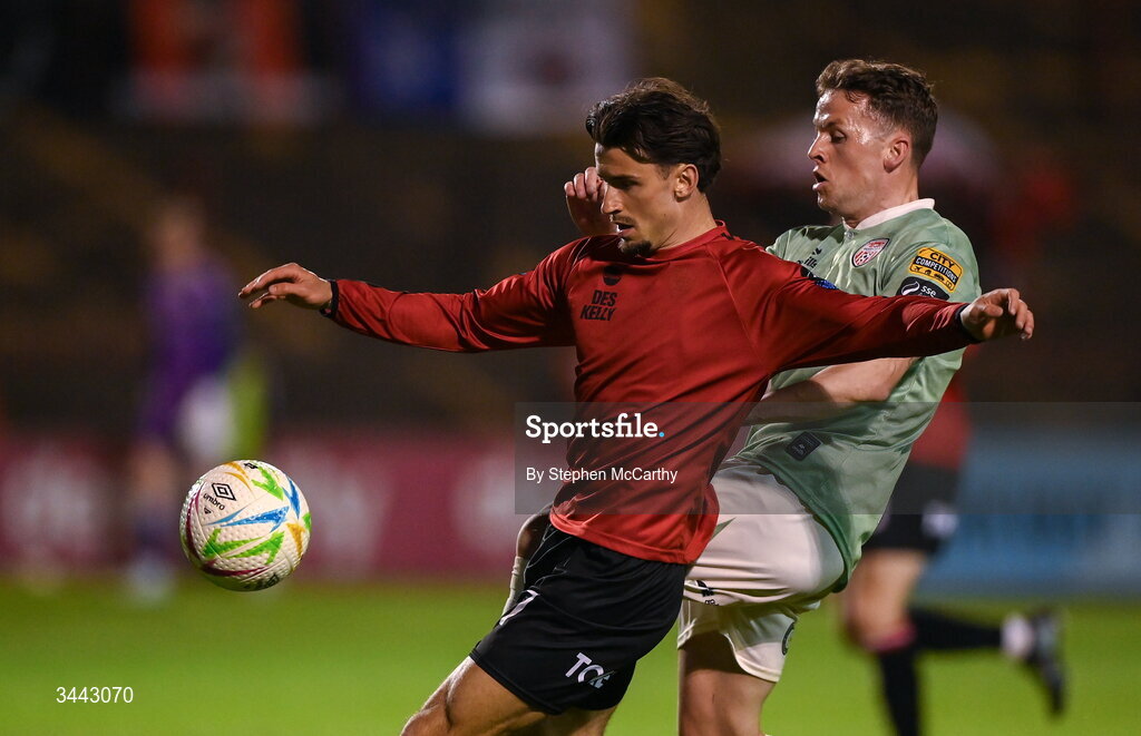 1 May 2026; Connor Parsons of Bohemians in action against Ben Doherty of Derry City during the SSE Airtricity Men's Premier Division match between Bohemians and Derry City at Dalymount Park in Dublin. Photo by Stephen McCarthy/Sportsfile