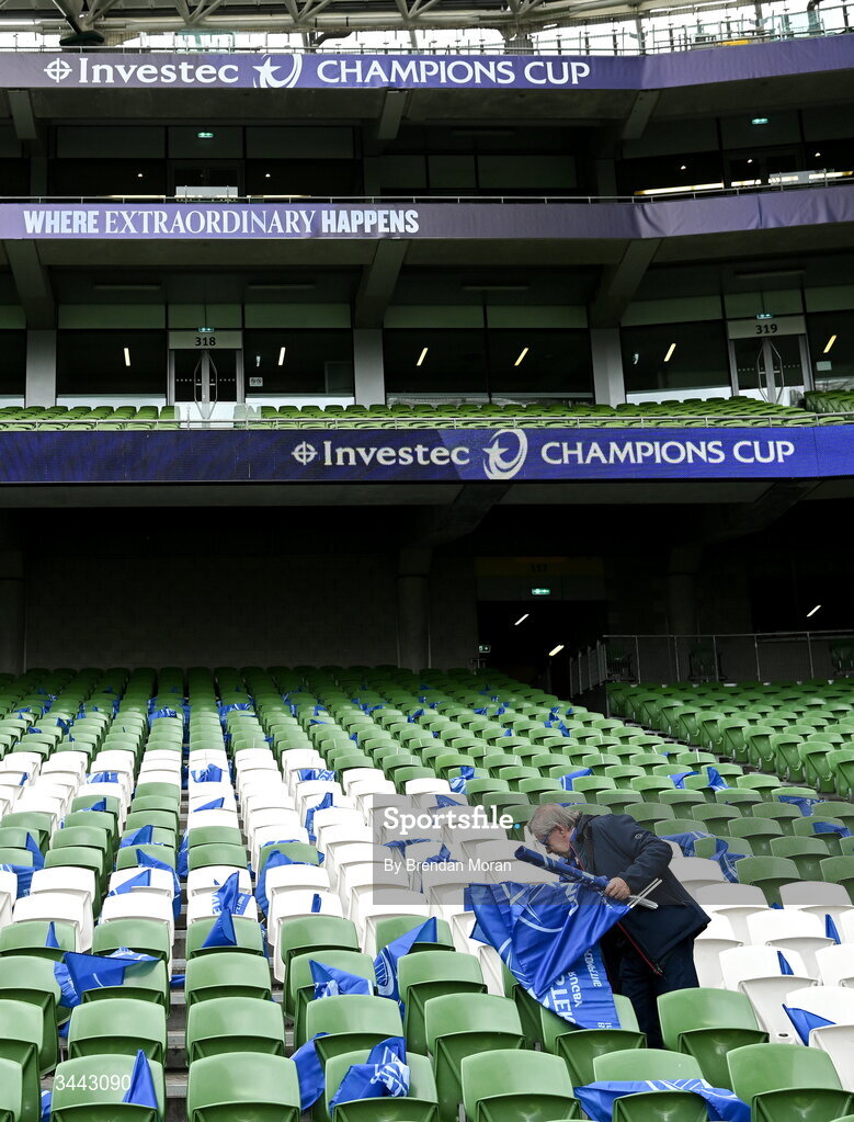 2 May 2026; A member of the Official Leinster Supporters Club puts supporter flags in teh seats before the Investec Champions Cup semi-final match between Leinster and RC Toulon at the Aviva Stadium in Dublin. Photo by Brendan Moran/Sportsfile