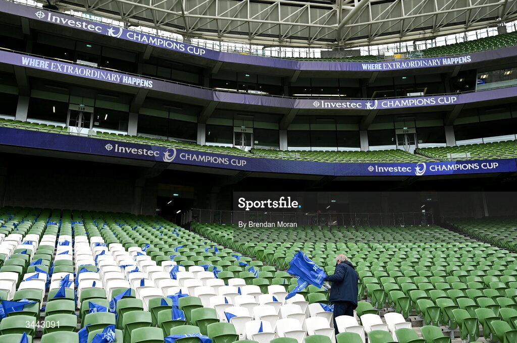 2 May 2026; A member of the Official Leinster Supporters Club puts supporter flags in teh seats before the Investec Champions Cup semi-final match between Leinster and RC Toulon at the Aviva Stadium in Dublin. Photo by Brendan Moran/Sportsfile