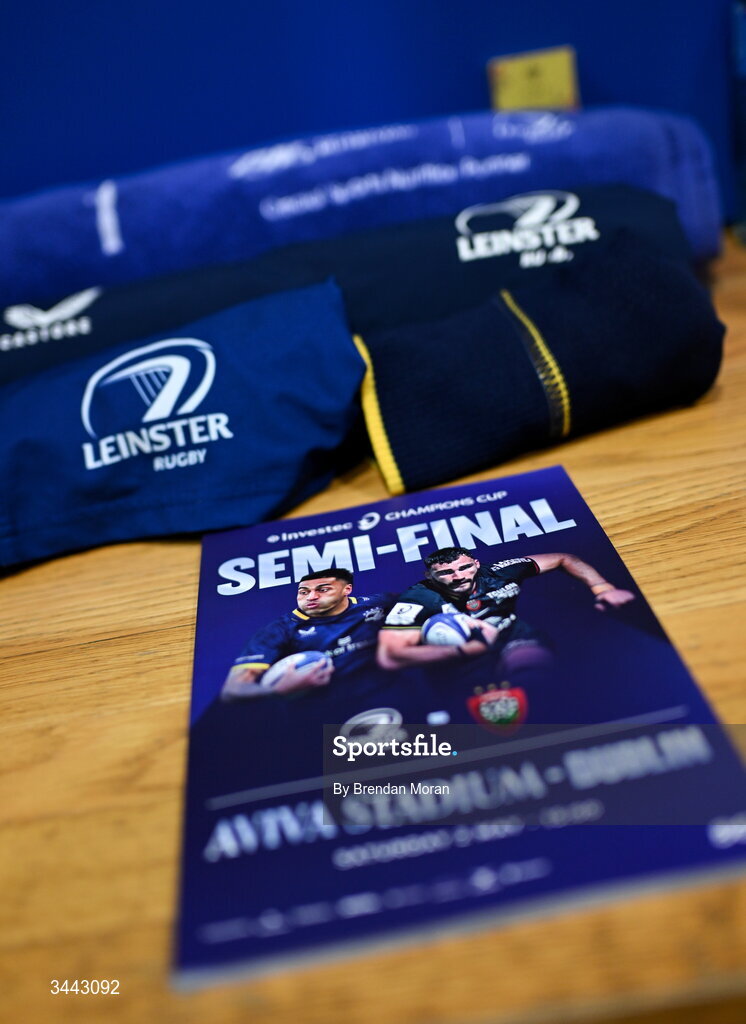 2 May 2026; A view of the match programme in the Leinster dressingroom before the Investec Champions Cup semi-final match between Leinster and RC Toulon at the Aviva Stadium in Dublin. Photo by Brendan Moran/Sportsfile