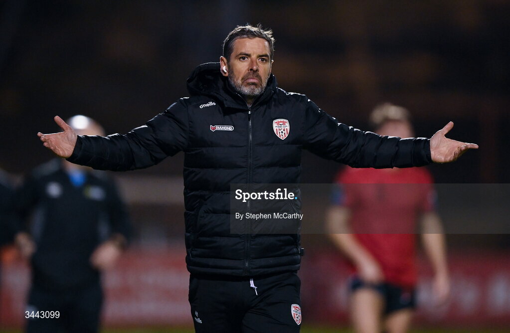 1 May 2026; Derry City manager Tiernan Lynch during the SSE Airtricity Men's Premier Division match between Bohemians and Derry City at Dalymount Park in Dublin. Photo by Stephen McCarthy/Sportsfile
