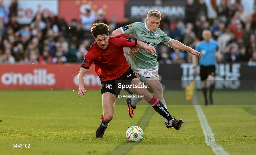 1 May 2026; Patrick Hickey of Bohemians in action against Josh Thomas of Derry City during the SSE Airtricity Men's Premier Division match between Bohemians and Derry City at Dalymount Park in Dublin. Photo by Adam Russell/Sportsfile