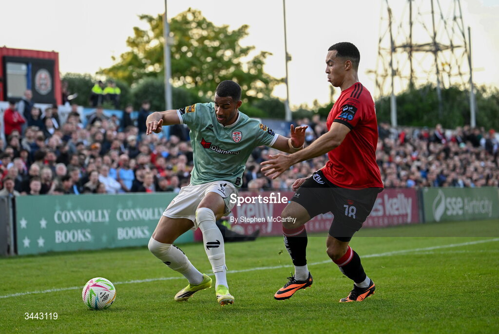 1 May 2026; Barry Cotter of Derry City in action against Douglas James-Taylor of Bohemians during the SSE Airtricity Men's Premier Division match between Bohemians and Derry City at Dalymount Park in Dublin. Photo by Stephen McCarthy/Sportsfile