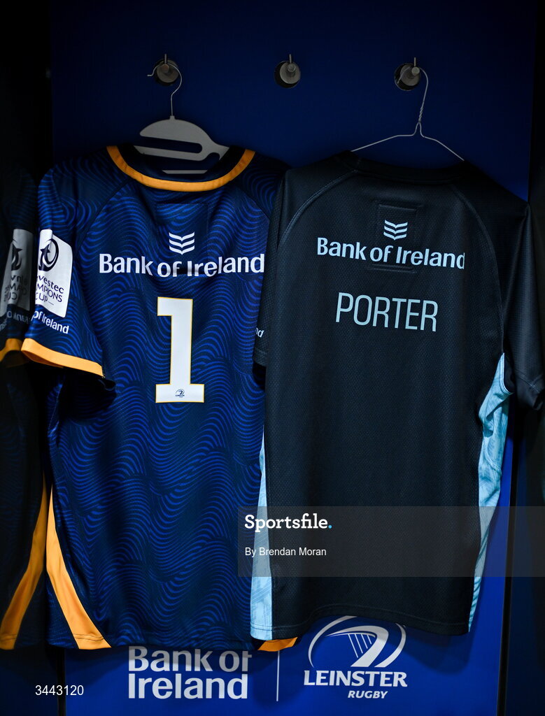 2 May 2026; The jersey of Andrew Porter in the Leinster dressingroom before the Investec Champions Cup semi-final match between Leinster and RC Toulon at the Aviva Stadium in Dublin. Photo by Brendan Moran/Sportsfile