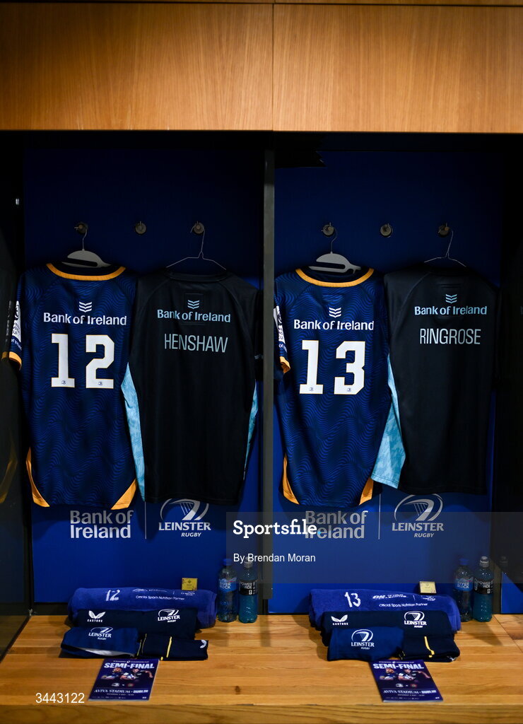 2 May 2026; The jerseys of Robbie Henshaw and Garry Ringrose in the Leinster dressingroom before the Investec Champions Cup semi-final match between Leinster and RC Toulon at the Aviva Stadium in Dublin. Photo by Brendan Moran/Sportsfile