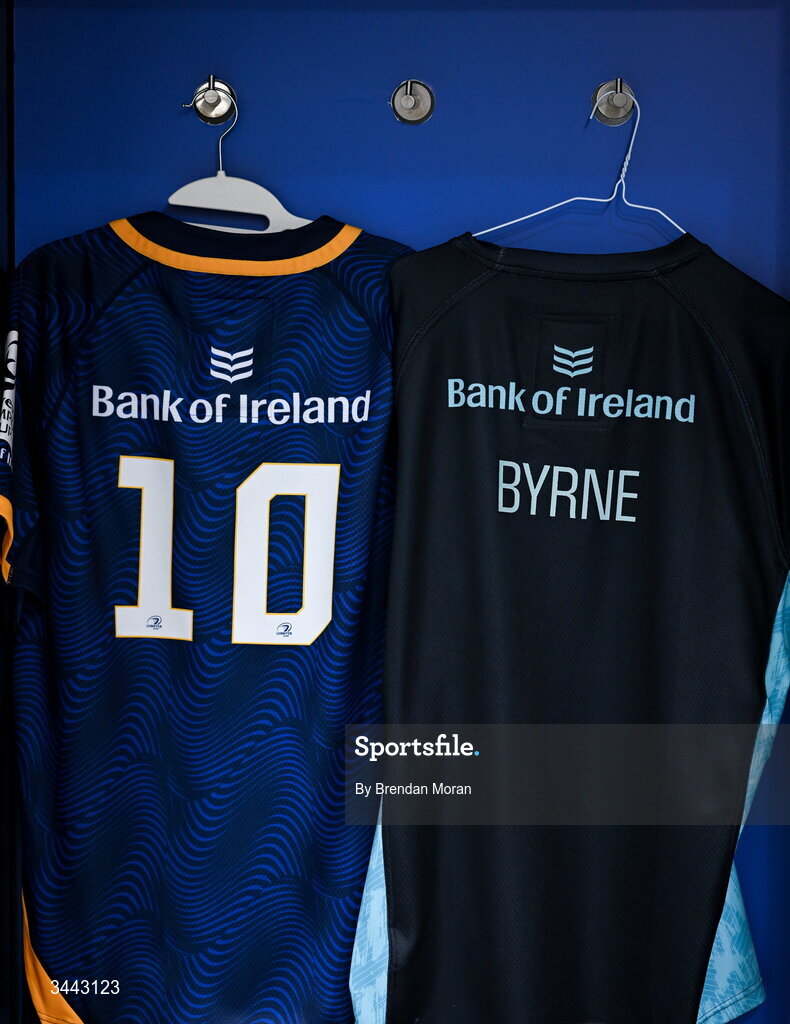 2 May 2026; The jersey of Harry Byrne in the Leinster dressingroom before the Investec Champions Cup semi-final match between Leinster and RC Toulon at the Aviva Stadium in Dublin. Photo by Brendan Moran/Sportsfile