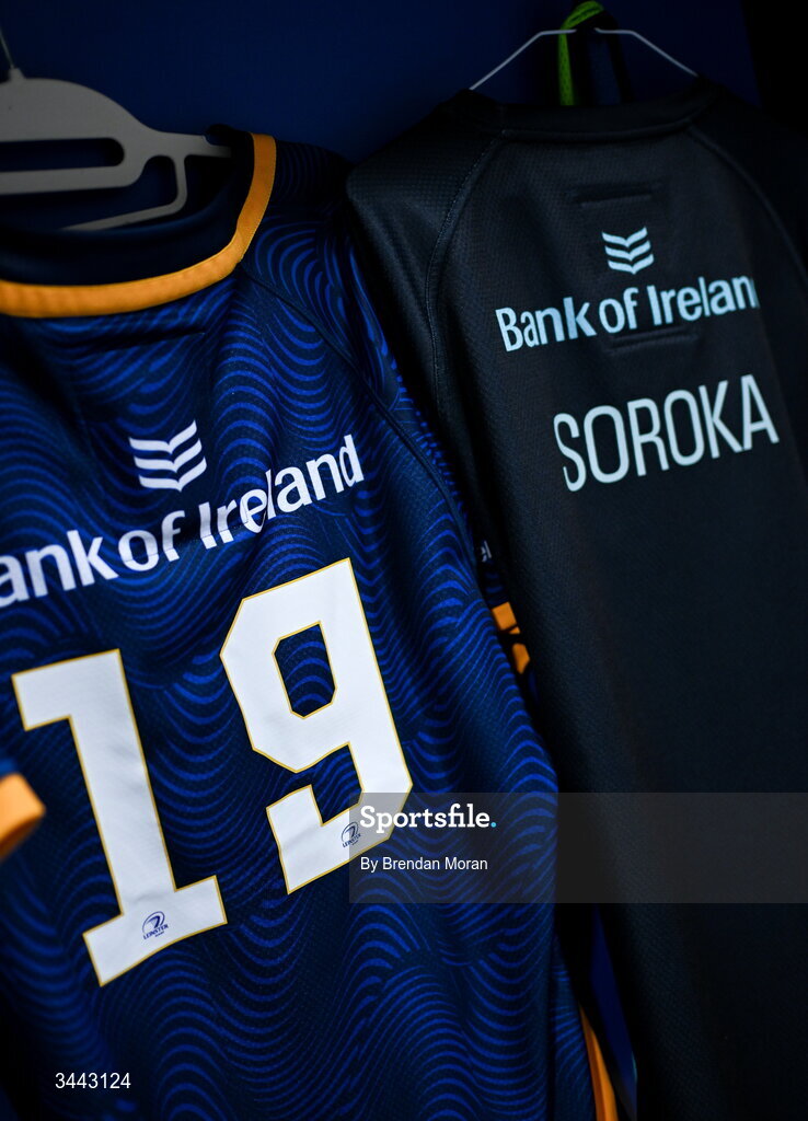 2 May 2026; The jersey of Alex Soroka in the Leinster dressingroom before the Investec Champions Cup semi-final match between Leinster and RC Toulon at the Aviva Stadium in Dublin. Photo by Brendan Moran/Sportsfile